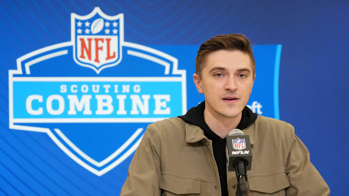 Feb 25, 2025; Indianapolis, IN, USA; Jacksonville Jaguars general manger James Gladstone speaks during the NFL Scouting Combine at the Indiana Convention Center. Mandatory Credit: Kirby Lee-Imagn Images