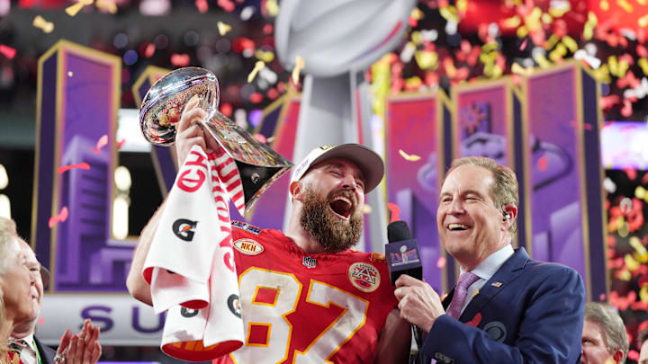 Kansas City Chiefs tight end Travis Kelce (87) celebrates while being interviewed by CBS commentator Jim Nantz after winning Super Bowl LVIII against the San Francisco 49ers at Allegiant Stadium. Mandatory Credit: Kirby Lee-Imagn Images Kansas City Chiefs tight end Travis Kelce (87) celebrates while being interviewed by CBS commentator Jim Nantz after winning Super Bowl LVIII against the San Francisco 49ers at Allegiant Stadium. Mandatory Credit: Kirby Lee-Imagn Images