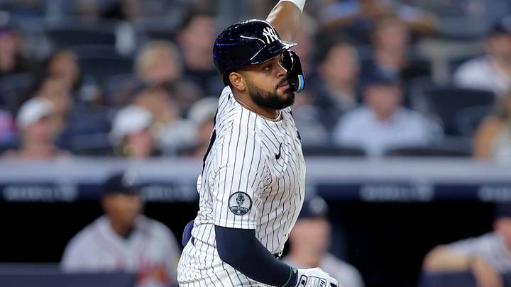 Aug 7, 2026; Bronx, New York, USA; New York Yankees left fielder Heliot Ramos (34) follows through on a double against the Atlanta Braves during the fourth inning at Yankee Stadium. Mandatory Credit: Brad Penner-Imagn Images Aug 7, 2026; Bronx, New York, USA; New York Yankees left fielder Heliot Ramos (34) follows through on a double against the Atlanta Braves during the fourth inning at Yankee Stadium. Mandatory Credit: Brad Penner-Imagn Images