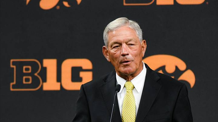 Jul 26, 2023; Indianapolis, IN, USA; Iowa Hawkeyes head coach Kirk Ferentz speaks to the media during the Big 10 football media day at Lucas Oil Stadium. Mandatory Credit: Robert Goddin-USA TODAY Sports Jul 26, 2023; Indianapolis, IN, USA; Iowa Hawkeyes head coach Kirk Ferentz speaks to the media during the Big 10 football media day at Lucas Oil Stadium. Mandatory Credit: Robert Goddin-USA TODAY Sports