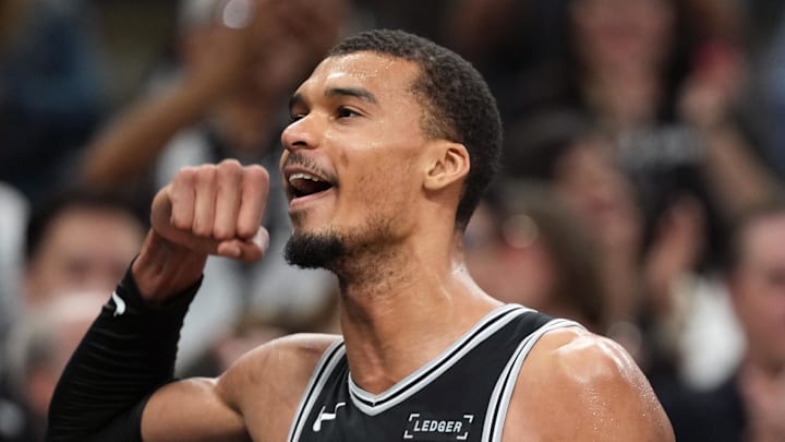 Mar 5, 2026; San Antonio, Texas, USA; San Antonio Spurs forward forward Victor Wembanyama (1) pumps his fist toward the fans at the end of the second half against the Detroit Pistons at Frost Bank Center. Mandatory Credit: Scott Wachter-Imagn Images