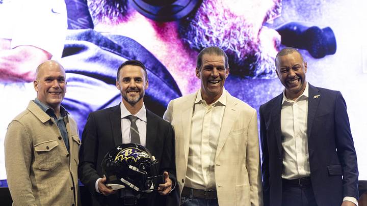 Jan 29, 2026; Owings Mills, MD, USA; Eric DeCosta, Jesse Minter, Steve Bisciotti, Sashi Brown photo prior to press conference at Under Armour Performance Center. Mandatory Credit: Lexi Thompson-Imagn Images