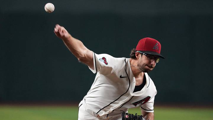 May 7, 2026; Phoenix, Arizona, USA; Arizona Diamondbacks pitcher Zac Gallen (23) throws against the Pittsburgh Pirates in the first inning at Chase Field. Mandatory Credit: Rick Scuteri-Imagn Images