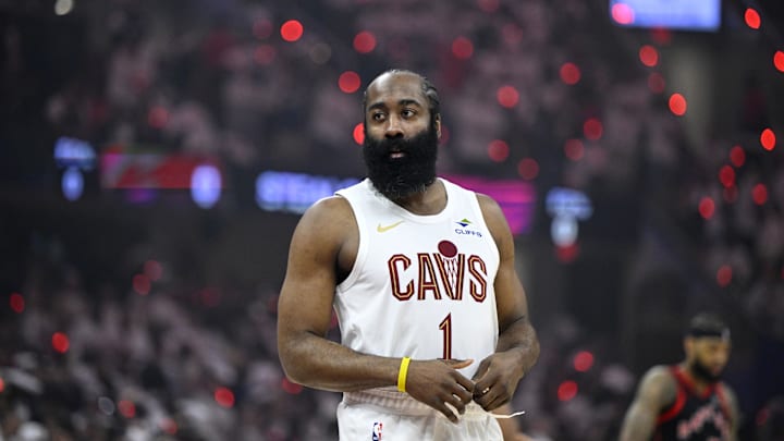 Apr 29, 2026; Cleveland, Ohio, USA; Cleveland Cavaliers guard James Harden (1) stands on the court before game five of the first round of the 2026 NBA Playoffs against the Toronto Raptors at Rocket Arena. Mandatory Credit: David Richard-Imagn Images