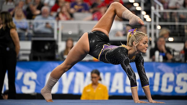 LSU Tigers gymnast Olivia Dunne warms up on floor during the 2024 NCAA Women's National Gymnastics Semifinals.