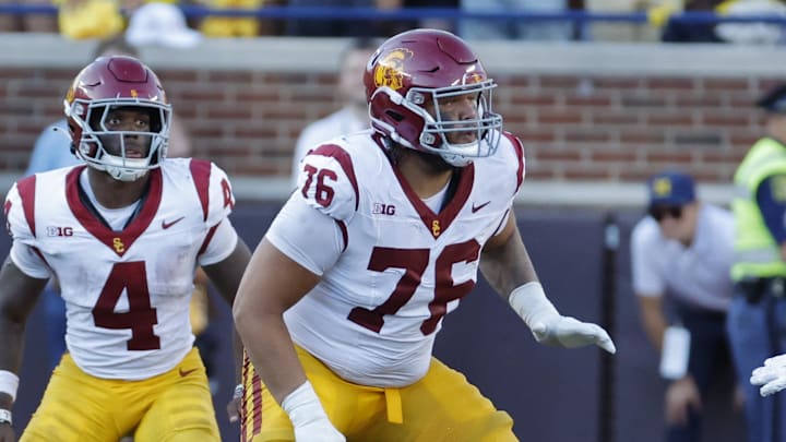 Sep 21, 2024; Ann Arbor, Michigan, USA;  USC Trojans offensive lineman Mason Murphy (76) blocks against the Michigan Wolverines at Michigan Stadium. Mandatory Credit: Rick Osentoski-Imagn Images