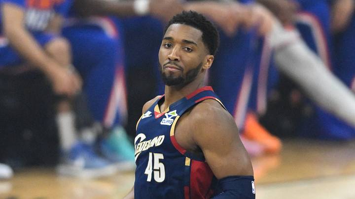 May 25, 2026; Cleveland, Ohio, USA; Cleveland Cavaliers guard Donovan Mitchell (45) reacts in the first quarter against New York Knicks during game four of the eastern conference finals for the 2026 NBA playoffs at Rocket Arena. Mandatory Credit: David Richard-Imagn Images