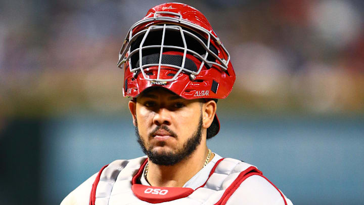 Aug 6, 2018; Phoenix, AZ, USA; Philadelphia Phillies catcher Jorge Alfaro against the Arizona Diamondbacks at Chase Field