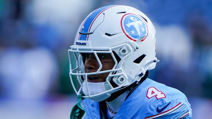 Tennessee Titans wide receiver Wan'dale Robinson (4) warms up before the game against the New York Jets at Nissan Stadium in Nashville, Tenn., Sunday, Sept. 13, 2026. Tennessee Titans wide receiver Wan'dale Robinson (4) warms up before the game against the New York Jets at Nissan Stadium in Nashville, Tenn., Sunday, Sept. 13, 2026.