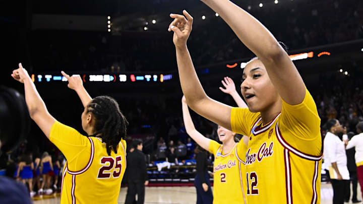 Mar 25, 2024; Los Angeles, CA, USA; USC Trojans guard JuJu Watkins (12) and McKenzie Forbes (25)