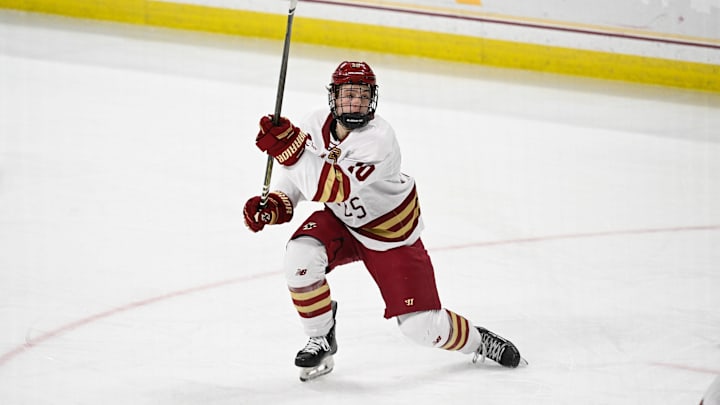 Feb 28, 2025; Chestnut Hill, MA, USA; Boston College forward James Hagens (10) shoots against the University of New Hampshire Wildcats during the third period at Conte Forum. Mandatory Credit: Eric Canha-Imagn Images Feb 28, 2025; Chestnut Hill, MA, USA; Boston College forward James Hagens (10) shoots against the University of New Hampshire Wildcats during the third period at Conte Forum. Mandatory Credit: Eric Canha-Imagn Images