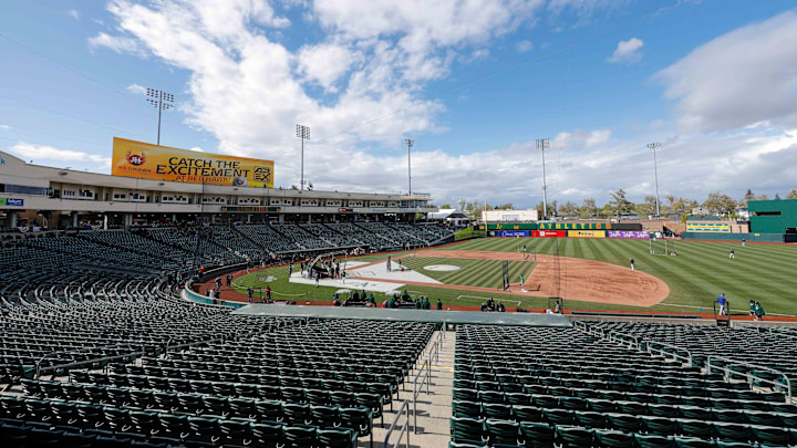 Mar 31, 2025; West Sacramento, California, USA; A general view of Sutter Health Park before the game between the Athletics and the Chicago Cubs. Mandatory Credit: Sergio Estrada-Imagn Images