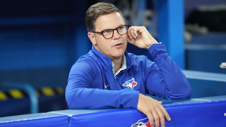 Jun 28, 2023; Toronto, Ontario, CAN; Toronto Blue Jays general manager Ross Atkins talks with the media during batting practice  against the San Francisco Giants at Rogers Centre. Mandatory Credit: Nick Turchiaro-Imagn Images