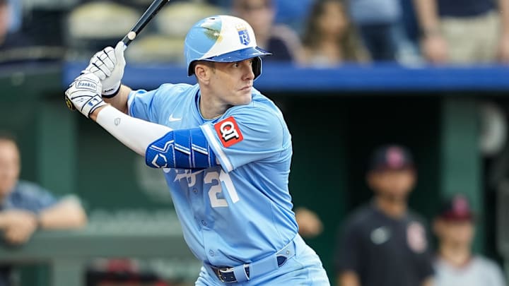 Mar 27, 2025; Kansas City, Missouri, USA; Kansas City Royals first baseman Mark Canha (21) bats during the ninth inning against the Cleveland Guardians at Kauffman Stadium. Mandatory Credit: Jay Biggerstaff-Imagn Images
