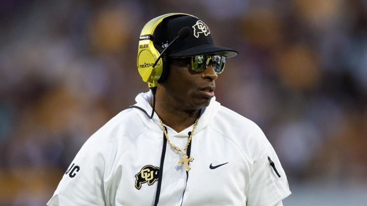 Oct 7, 2023; Tempe, Arizona, USA; Colorado Buffaloes head coach Deion Sanders against the Arizona State Sun Devils at Mountain America Stadium. Mandatory Credit: Mark J. Rebilas-USA TODAY Sports
