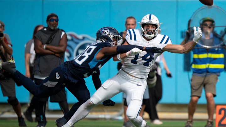Tennessee Titans cornerback L'Jarius Sneed (38) covers Indianapolis Colts wide receiver Alec Pierce (14) during their game at Nissan Stadium in Nashville, Tenn., Monday, Oct. 14, 2024. Sneed was called for pass interference on the play. Tennessee Titans cornerback L'Jarius Sneed (38) covers Indianapolis Colts wide receiver Alec Pierce (14) during their game at Nissan Stadium in Nashville, Tenn., Monday, Oct. 14, 2024. Sneed was called for pass interference on the play.