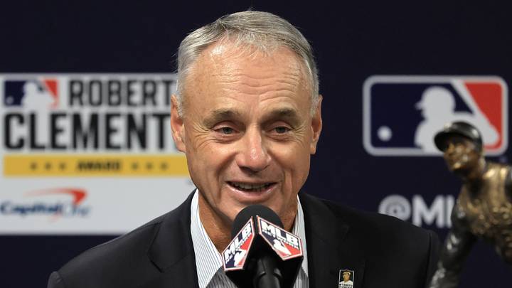 Oct 26, 2026; St. Petersburg, Florida, USA;  Major League Baseball commissioner Rob Manfred speaks during a ceremony to present the 2026 Roberto Clemente award to New York Mets shortstop Francisco Lindor (not pictured) before game three of the 2026 World Series at Tropicana Field.  Mandatory Credit: Kim Klement Neitzel-Imagn Images