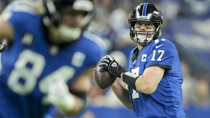 Dec 22, 2025; Indianapolis, Indiana, USA; Indianapolis Colts quarterback Philip Rivers (17) looks to pass downfield during the first quarter against the San Francisco 49ers at Lucas Oil Stadium. Mandatory Credit: Grace Hollars-USA TODAY Network via Imagn Images
