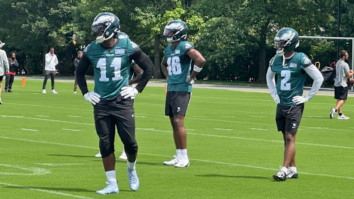 Eagles receivers A.J. Brown (11), Terrace Marshall (46), and Jahan Dotson (2) drilling during Eagles' one-day minicamp on June 10, 2025.