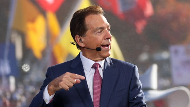 ESPN College GameDay analyst Nick Saban speaks during the live broadcast on the Texas Tech University campus on Nov. 8, 2025 in Lubbock, Texas.