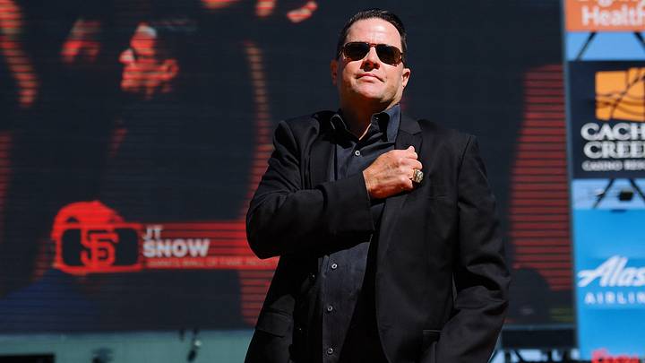 Former San Francisco Giants player JT Snow is introduced during a Wall of Fame induction ceremony before the game. Credit: Kelley L Cox-USA TODAY Sports Former San Francisco Giants player JT Snow is introduced during a Wall of Fame induction ceremony before the game. Credit: Kelley L Cox-USA TODAY Sports