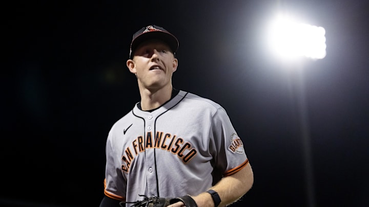 Nov 9, 2025; Mesa, AZ, USA; San Francisco Giants infielder Parks Harber during the Arizona Fall League Fall Stars Game at Sloan Park. Mandatory Credit: Mark J. Rebilas-Imagn Images