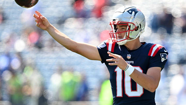Sep 15, 2024; Foxborough, Massachusetts, USA; New England Patriots quarterback Drake Maye (10) throws the ball before a game against the Seattle Seahawks Gillette Stadium. Mandatory Credit: Brian Fluharty-Imagn Images