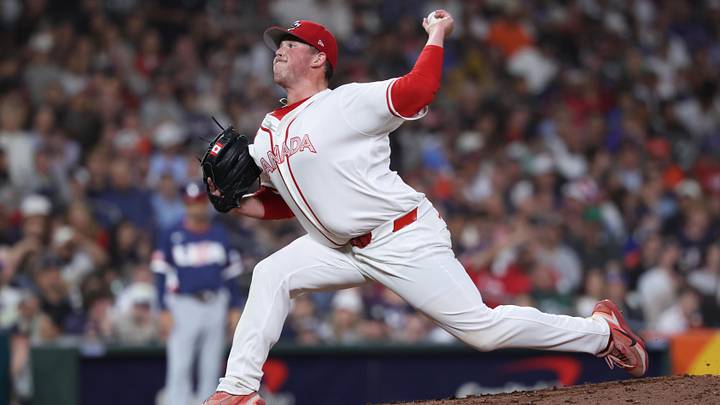 Mar 13, 2026: Canada relief pitcher Matt Wilkinson (35) throws during the eighth inning against the United States during a quarterfinal game of the 2026 World Baseball Classic at Daikin Park. 