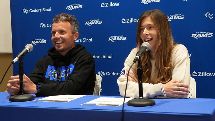 Apr 25, 2026; Inglewood, CA, USA; Los Angeles Rams assistant general manager John McKay (left) and director of scouting, strategy and analytics Nicole Blake at press conference at Code Next lab at Hollywood Park. Mandatory Credit: Kirby Lee-Imagn Images Apr 25, 2026; Inglewood, CA, USA; Los Angeles Rams assistant general manager John McKay (left) and director of scouting, strategy and analytics Nicole Blake at press conference at Code Next lab at Hollywood Park. Mandatory Credit: Kirby Lee-Imagn Images
