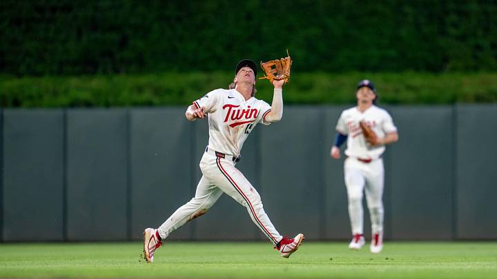 Jun 4, 2026; Minneapolis, Minnesota, USA; Minnesota Twins second baseman Luke Keaschall (15) catches a fly ball against the Kansas City Royals in the sixth inning against the Kansas City Royals at Target Field. Mandatory Credit: Jesse Johnson-Imagn Images