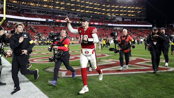 Dec 28, 2025; Santa Clara, California, USA; San Francisco 49ers quarterback Brock Purdy (13) celebrates after the game against the Chicago Bears at Levi's Stadium. Mandatory Credit: Sergio Estrada-Imagn Images