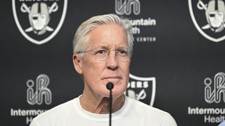 Apr 25, 2025; Henderson, NV, USA;  Las Vegas Raiders head coach Pete Carroll at a news conference introducing Ashton Jeanty as the first round draft pick in the 2025 NFL Draft at Intermountain Health Performance Center. Mandatory Credit: Candice Ward-Imagn Images