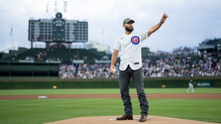 Jake Arrieta throws out the first pitch at Wrigley Field prior to a Chicago Cubs v Chicago White Sox game.