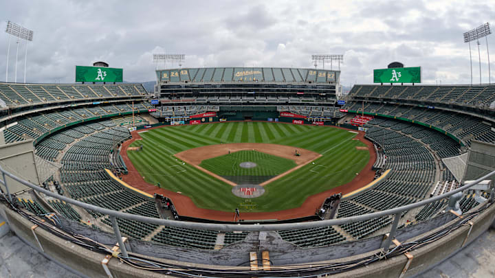 Aug 24, 2024; Oakland, California, USA; A general view of Oakland-Alameda County Coliseum as seen from fan seating section 317 before a major league baseball game between the Oakland Athletics and the Milwaukee Brewers. Mandatory Credit: Robert Edwards-Imagn Images Aug 24, 2024; Oakland, California, USA; A general view of Oakland-Alameda County Coliseum as seen from fan seating section 317 before a major league baseball game between the Oakland Athletics and the Milwaukee Brewers. Mandatory Credit: Robert Edwards-Imagn Images
