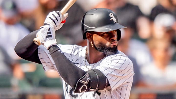 Jul 12, 2025; Chicago, Illinois, USA; Chicago White Sox center fielder Luis Robert Jr. (88) at bat during the fourth inning against the Cleveland Guardians at Rate Field. Mandatory Credit: Patrick Gorski-Imagn Images