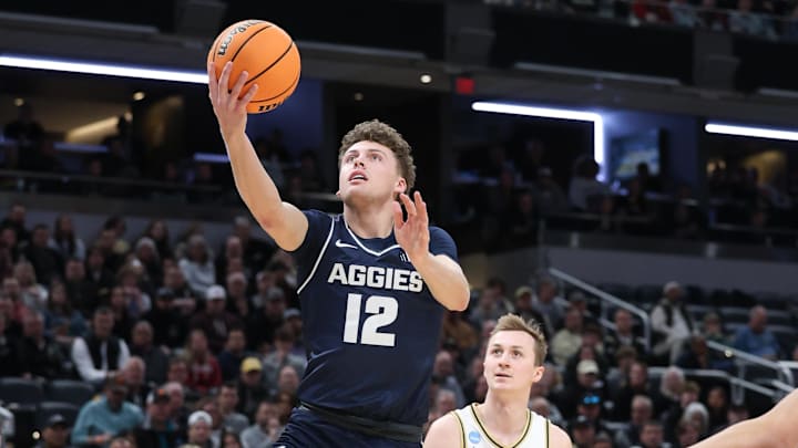 Utah State Aggies guard Mason Falslev. Utah State Aggies guard Mason Falslev.