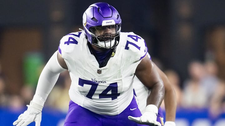 Jan 13, 2025; Glendale, AZ, USA; Minnesota Vikings tackle Cam Robinson (74) against the Los Angeles Rams during an NFC wild card game at State Farm Stadium. Mandatory Credit: Mark J. Rebilas-Imagn Images