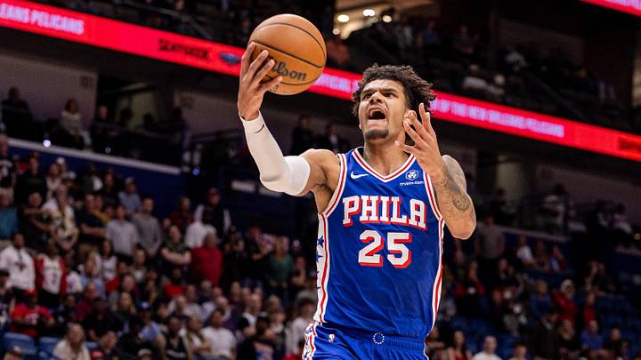 Feb 21, 2026; New Orleans, Louisiana, USA;  Philadelphia 76ers forward Dominick Barlow (25) drives to the basket against the New Orleans Pelicans during the first half at Smoothie King Center. Mandatory Credit: Stephen Lew-Imagn Images