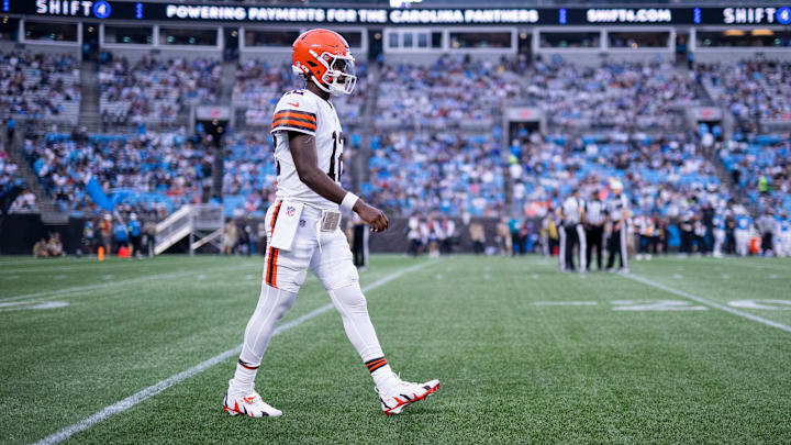 Aug 8, 2025; Charlotte, North Carolina, USA; Cleveland Browns quarterback Shedeur Sanders (12) gets ready to go in during the first quarter against the Carolina Panthers at Bank of America Stadium. Mandatory Credit: Scott Kinser-The USAToday Network via Imagn Images 