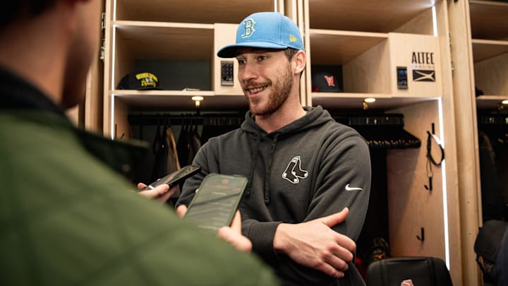 Boston Red Sox prospect David Sandlin answers questions inside the Red Sox clubhouse at Fenway Park during Red Sox Rookie Development Week in Boston earlier this year.