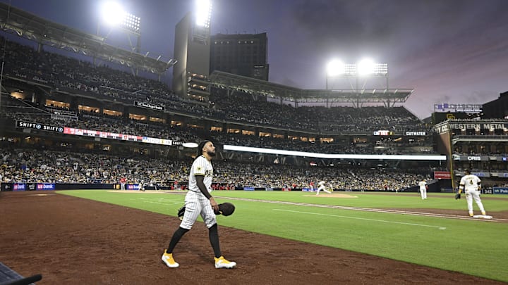 May 14, 2025; San Diego, California, USA; San Diego Padres right fielder Fernando Tatis Jr. (23) comes onto the field during the fifth inning against the Los Angeles Angels at Petco Park. Mandatory Credit: Denis Poroy-Imagn Images