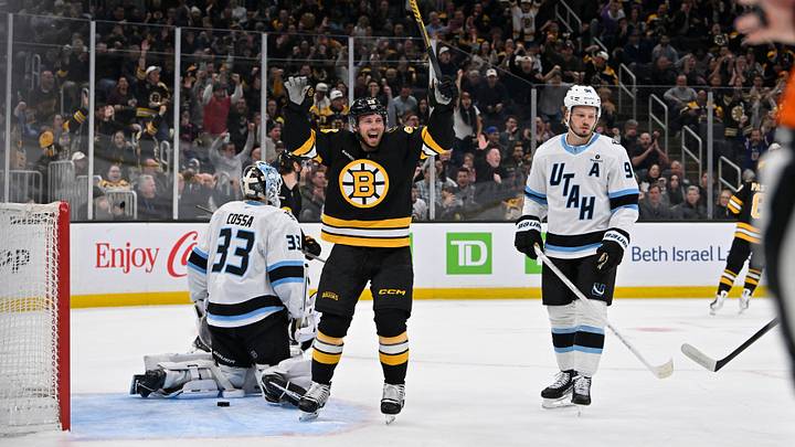 Oct 8, 2026; Boston, Massachusetts, USA; Boston Bruins center Elias Lindholm (28) reacts to a goal against Utah Mammoth goaltender Sebastian Cossa (33) by David Pastrnak (not pictured) during the first period at TD Garden. Mandatory Credit: Eric Canha-Imagn Images