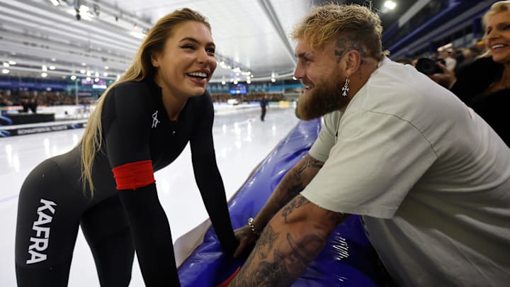 Jake Paul and girlfriend Jutta Leerdam at the Daikin NK Allround & Sprint Ice Skating Dutch Championships in the Netherlands. 