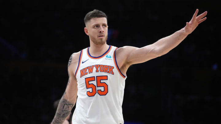 Dec 18, 2023; Los Angeles, California, USA; New York Knicks center Isaiah Hartenstein (55) gestures against the Los Angeles Lakers in the second half at Crypto.com Arena. Mandatory Credit: Kirby Lee-USA TODAY Sports