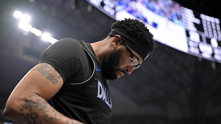 Dec 23, 2025; Dallas, Texas, USA; Dallas Mavericks forward Anthony Davis (3) looks down after being called for a foul against the Denver Nuggets during the first quarter at the American Airlines Center. Mandatory Credit: Jerome Miron-Imagn Images