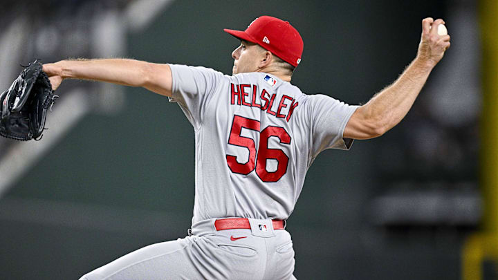Jun 5, 2023; Arlington, Texas, USA; St. Louis Cardinals relief pitcher Ryan Helsley (56) in action during the game between the Texas Rangers and the St. Louis Cardinals at Globe Life Field. Mandatory Credit: Jerome Miron-Imagn Images