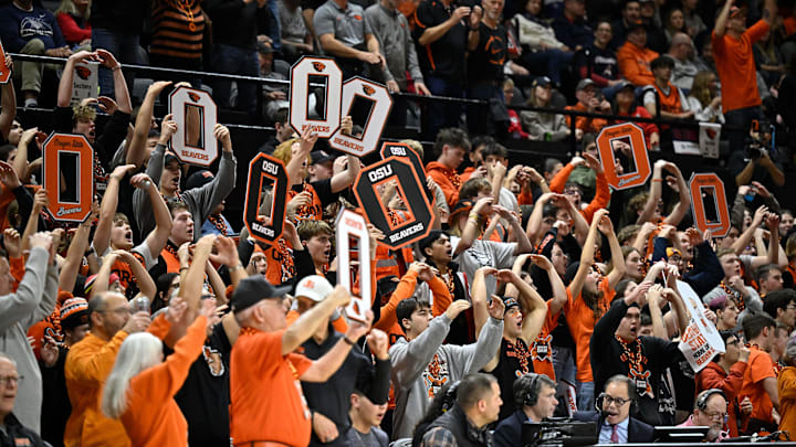 Jan 16, 2025; Corvallis, Oregon, USA; Oregon State Beavers fans cheer during the second half against the Gonzaga Bulldogs at Gill Coliseum. Mandatory Credit: Craig Strobeck-Imagn Images