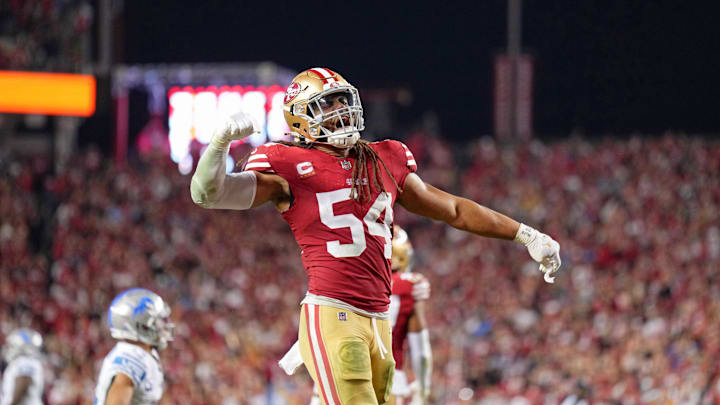 Jan 28, 2024; Santa Clara, California, USA; San Francisco 49ers linebacker Fred Warner (54) reacts