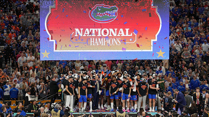 Apr 7, 2025; San Antonio, TX, USA; The Florida Gators celebrate after winning the national championship game of the Final Four of the 2025 NCAA Tournament at the Alamodome.