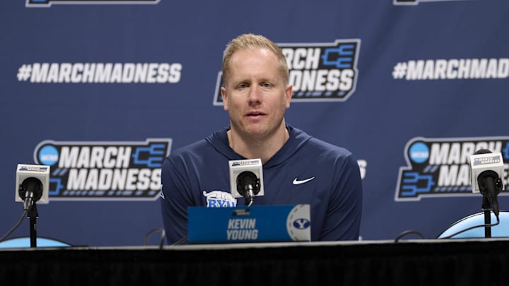 Mar 18, 2026; Portland, OR, USA; BYU Cougars head coach Kevin Young answers questions during a press conference before a practice session ahead of the first round of the men's 2026 NCAA Tournament at Moda Center. Mandatory Credit: Troy Wayrynen-Imagn Images Mar 18, 2026; Portland, OR, USA; BYU Cougars head coach Kevin Young answers questions during a press conference before a practice session ahead of the first round of the men's 2026 NCAA Tournament at Moda Center. Mandatory Credit: Troy Wayrynen-Imagn Images